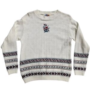 Vintage Embroidered Rose Detailed Knit Sweater with Scalloped Neck Woman's Small
